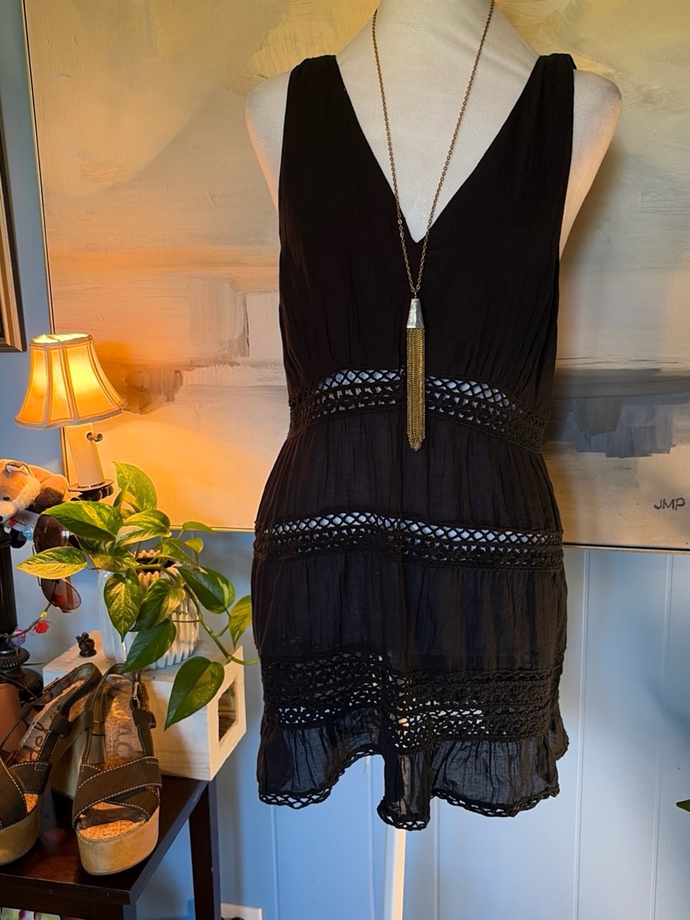 American Eagle Outfitters Black Crochet-Trim V-Neck Tiered Tunic Dress